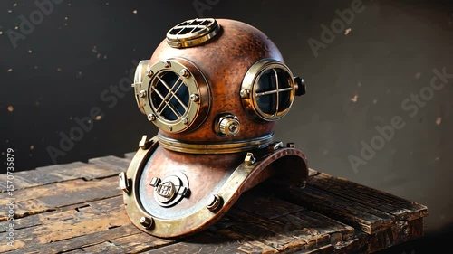 Vintage copper diving helmet displayed on a wooden table with a blurred industrial background