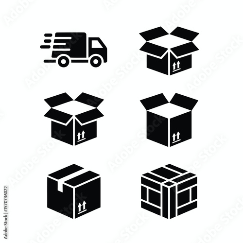 Six Black and White Delivery Icons Set Featuring a Delivery Truck and Various Cardboard Boxes in Different Open and Closed Positions Including a Palletized Box