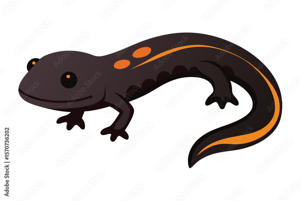 Fototapeta premium Cartoon illustration of a dark gray newt with orange markings and a striped tail