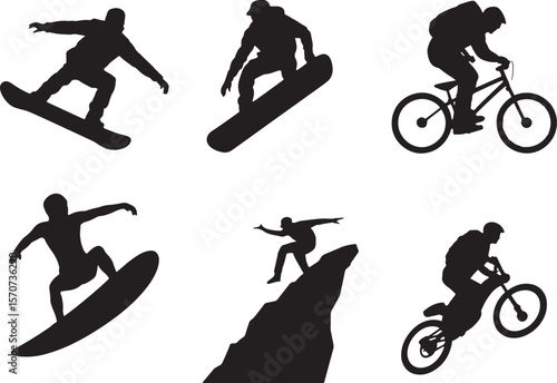Dynamic Extreme Sports Silhouettes: Snowboarding, Surfing, Cycling Icons
