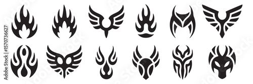 Vector tribal tattoo designs set, flame, wings, horn, abstract shapes, isolated black on white background art on transparent background