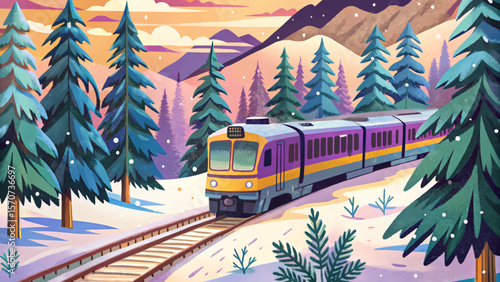 Train Passing Through Snowy Forest vector Winter Journey Landscape