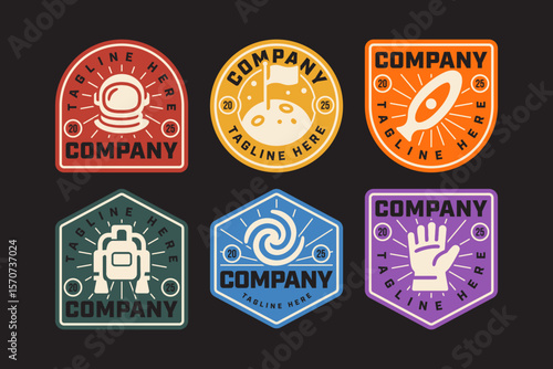astronaut helmet, flag on moon, wormhole, jetpack, milky way, space glove retro badge logo vector design collection set for space, astronomy, galaxy, sci fi, astronaut, science, adventure, explorer