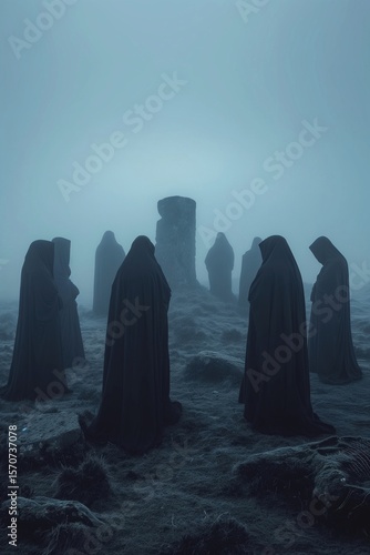 A group of figures shrouded in black cloaks gather in a misty, dark landscape, surrounded by ancient stone monoliths, for a pagan ritual or mysterious event.