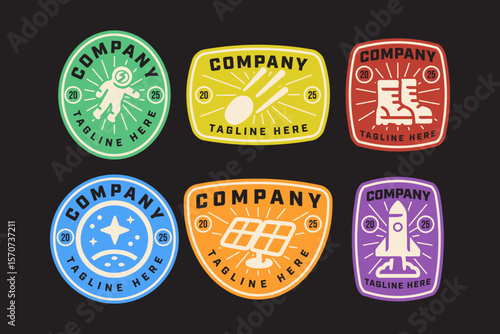spacewalk, comet, astronaut boots, planet and star, solar panel, rocket retro badge logo vector design collection set for space, astronomy, galaxy, sci fi, astronaut, science, adventure, explorer