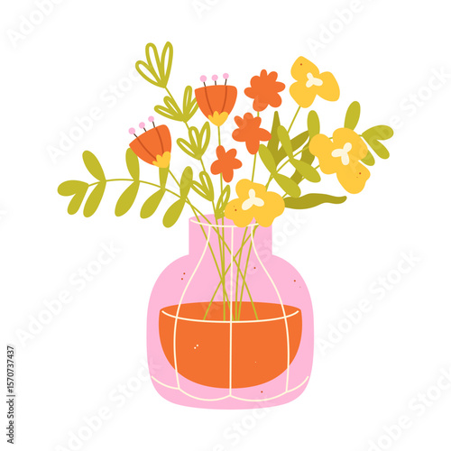 Vase with a bouquet of spring flowers on a white background