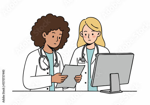 Two female doctors in medical coats and stethoscopes collaborating, looking at a document and computer screen in a simple illustration style.