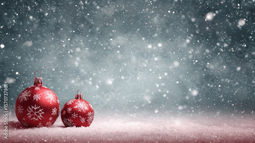 Red Christmas Ornaments in Snow, Festive Winter Holiday Background for Cards and Invitations with Copy Space