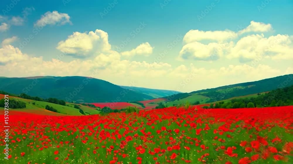 Red poppy field valley landscape Red poppy field valley landscape