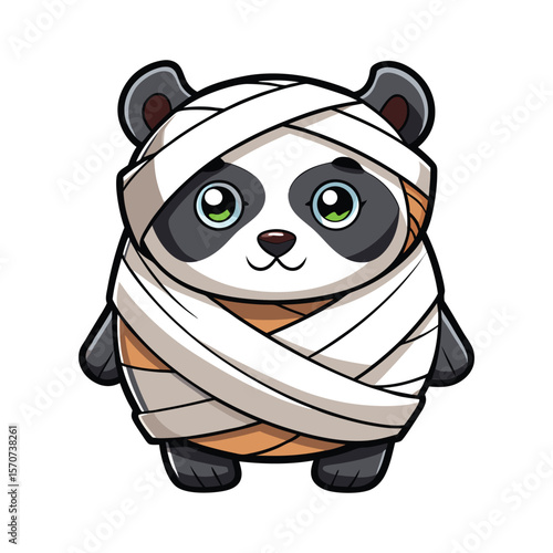 Cute confused panda wrapped in toilet paper mummy costume, funny animal vector art, humorous Halloween design on white background