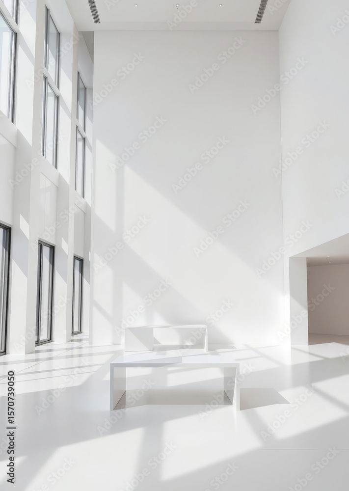 Fototapeta premium A large empty office space with a white wall and a white desk the room is filled with natural light and has a modern minimalist design Empty room interior design architecture blank design room