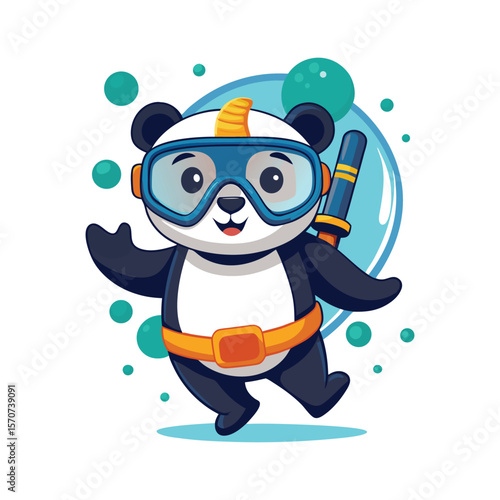 Cute panda wearing snorkel gear pretending to swim on floor, funny animal vector illustration for commercial and creative use