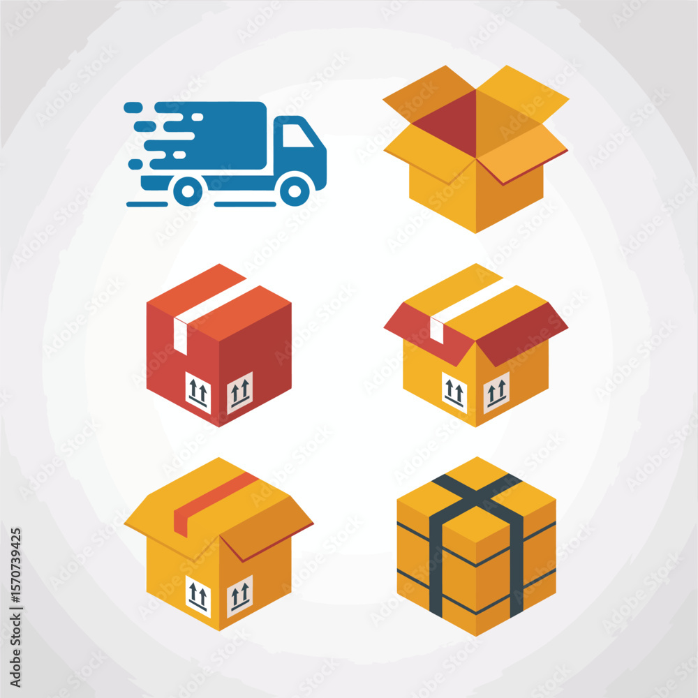 Obraz premium Six Isometric Cardboard Boxes and a Delivery Truck Icon Set Red Orange Yellow and Blue Colors This Is a Flat Design Style Illustration for Shipping Logistics and Delivery Services Concepts
