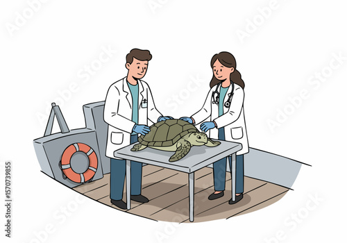 Cartoon illustration of two veterinarians examining a sea turtle on a table, providing medical care and promoting wildlife conservation.