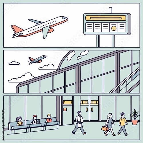 Airplane departure board and passengers aircraft takeoff