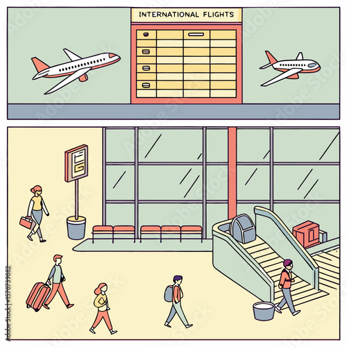Airport departure board and travelers airplane luggage