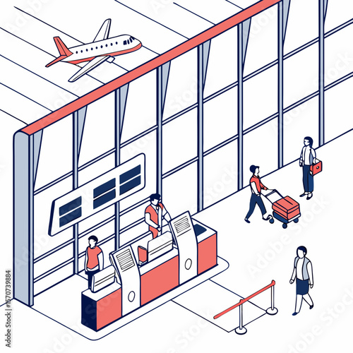 Airport check in counter with passengers and airplane