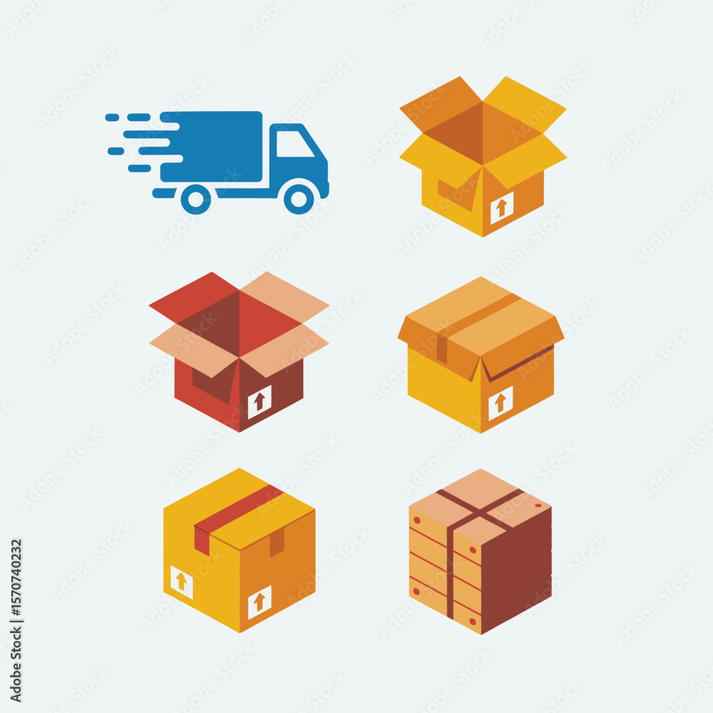 Obraz premium Six Isometric Illustrations of Cardboard Boxes and a Delivery Truck Various Sizes and Colors Open and Closed Packages Shipping and Logistics Concept Simple Flat Design Style