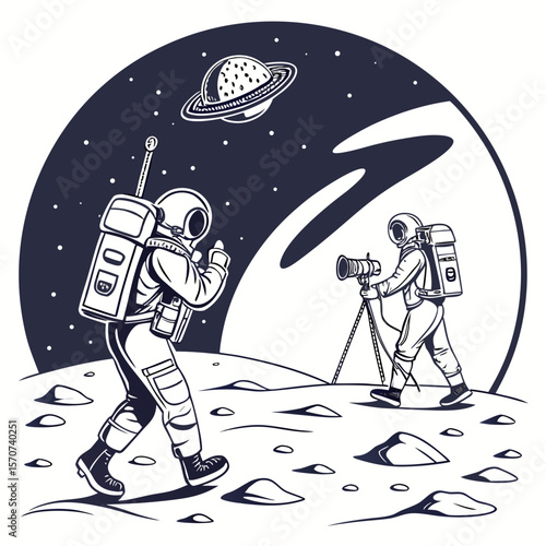 Astronauts explore alien planet with ringed planet overhead