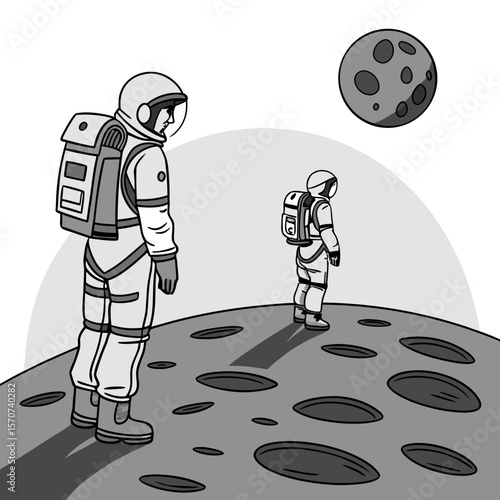 Astronauts exploring lunar surface with moon overhead