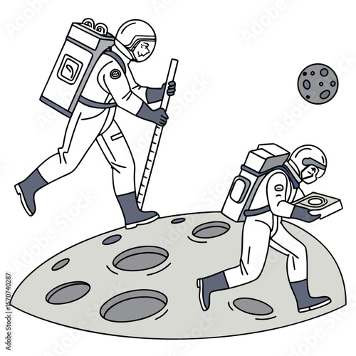 Astronauts exploring moon surface with equipment space