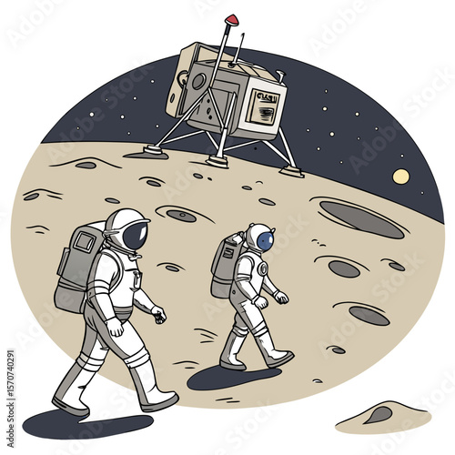 Astronauts explore lunar landscape near lander space
