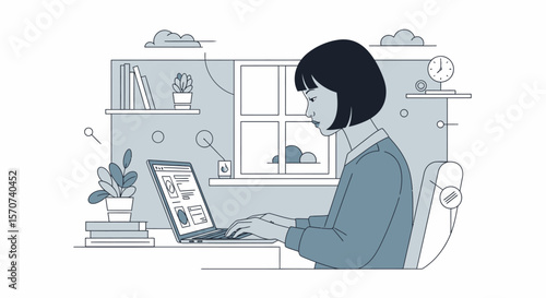 flat minimalist girl with laptop