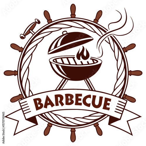 Barbecue grill emblem with ship wheel logo food