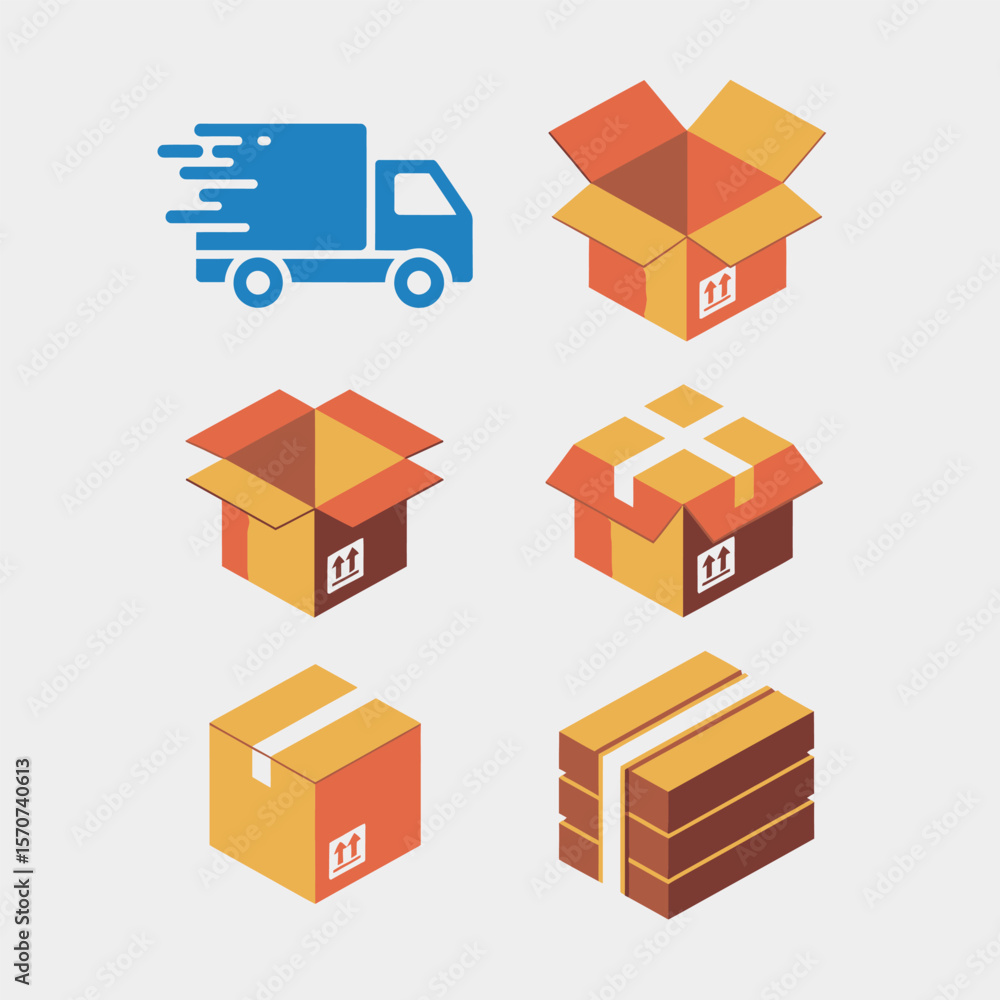 Obraz premium Six Isometric Illustrations of Cardboard Boxes and a Wooden Crate with a Delivery Truck a Blue Delivery Truck Indicating Fast Shipping Orange and Brown Color Scheme Simple Graphic Design