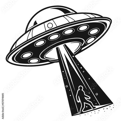 Black alien spacecraft abducting a person with light beam