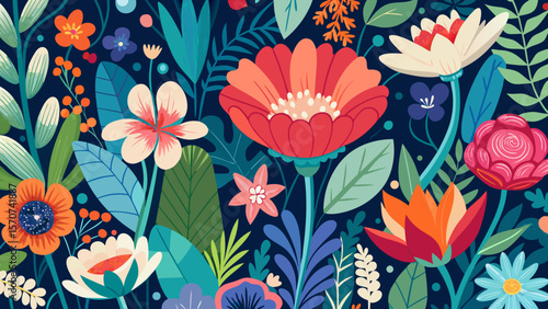Vibrant floral pattern with diverse flowers and leaves on a dark background