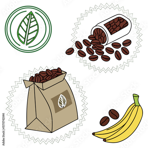 Coffee beans bag and banana leaf logo fair trade