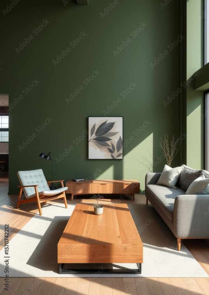 Fototapeta premium Scandinavian style living room featuring wooden coffee table lounge chair and gray sofa against a green wall modern home interior design with a cozy ambiance Empty room interior design Ultra real