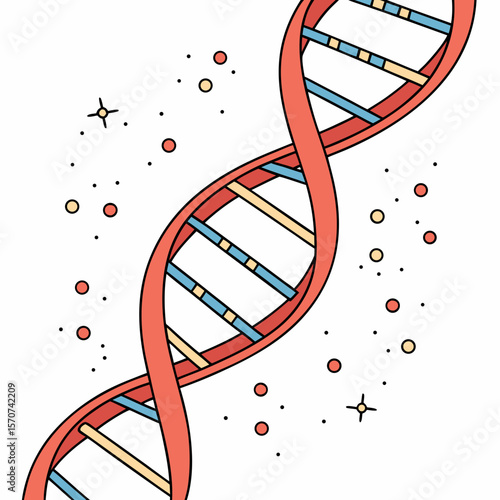 Coral blue yellow dna helix with scattered dots molecule