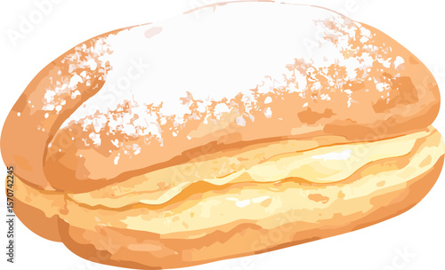 Cream puff with powdered sugar watercolor vector illustration