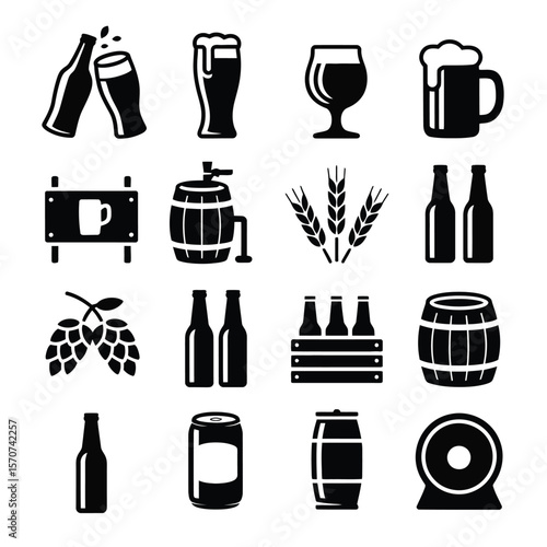 Sixteen Black and White Beer Icons Collection Beer Bottle Icons Beer Can Icon Beer Glass Icons Wheat Icons Beer Barrel Icons Brewing Equipment Icons Hop Icons