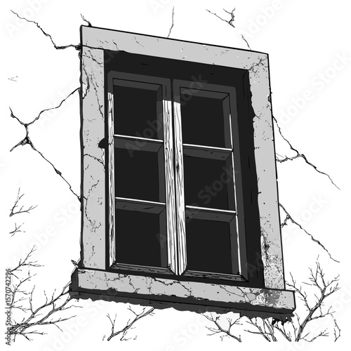 Cracked stone window frame with dark panes and bare branches