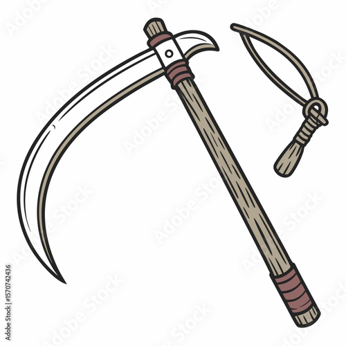 Curved blade tool with wooden handle and rope sickle