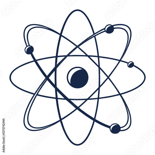 Dark blue atom model orbiting on white atomic science