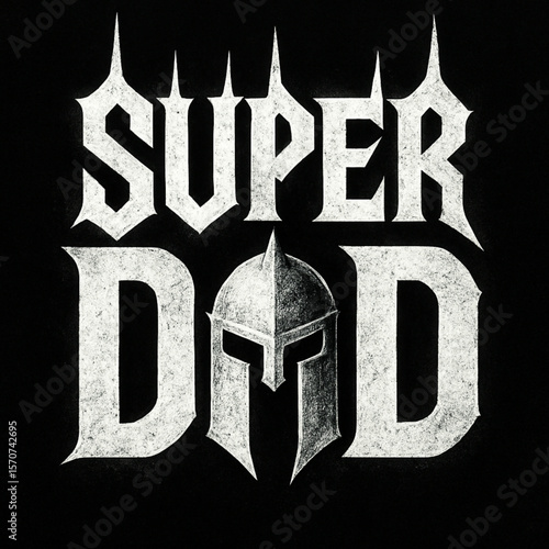 Striking "SUPER DAD" illustration with an ancient warrior helmet replacing the "A" in DAD, conveying paternal strength, protection, and bravery.