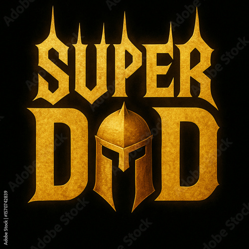 A powerful "SUPER DAD" graphic featuring a warrior Spartan helmet, symbolizing strength and paternal heroism, perfect for Father's Day and superhero themes.