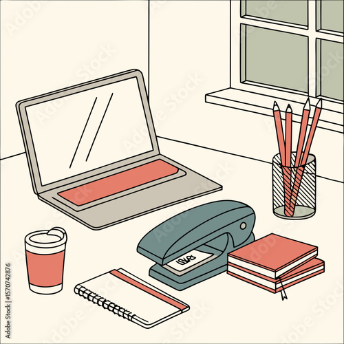 Desk with laptop stapler notebook pencils and coffee cup