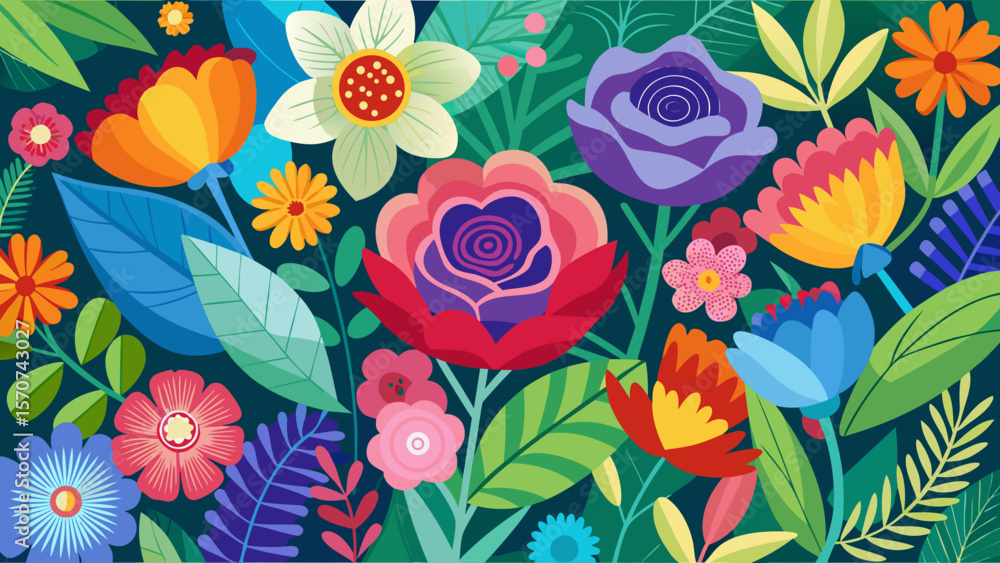 Fototapeta premium Vibrant and colorful abstract floral pattern with lush greenery and dark background