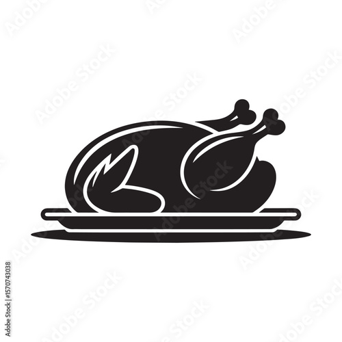 Simple black and white silhouette of a roasted chicken on a plate.