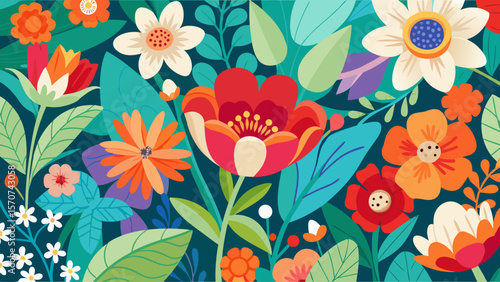 Vibrant and colorful floral pattern with various flowers and leaves