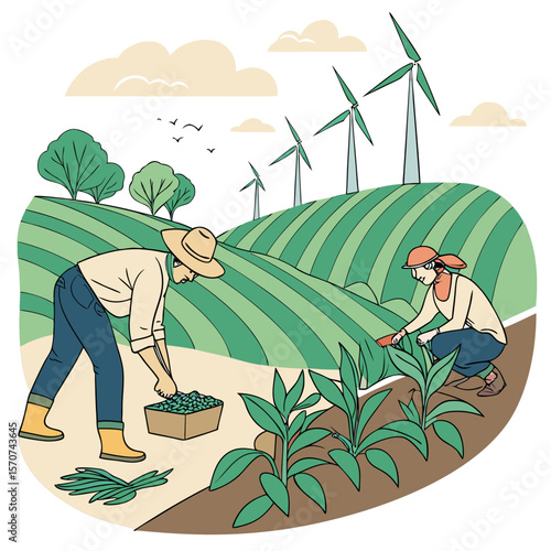 Farmers harvesting crops near wind turbines farming