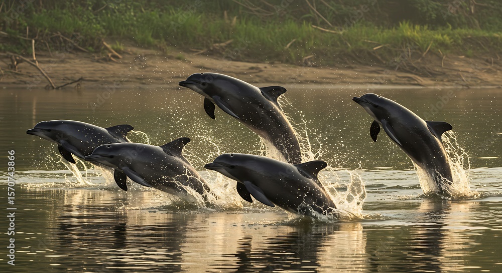 Obraz premium Dolphins leaping together, a marine ballet of agility and grace in a dance of nature's harmony, their sleek bodies reflecting sunlight on water.