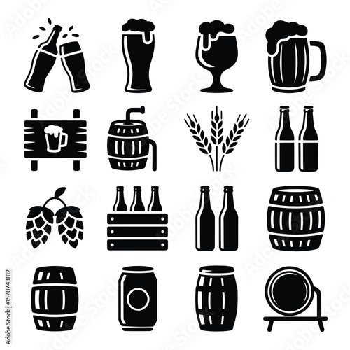 Sixteen Black and White Beer Icons Collection Featuring Beer Bottles Barrels Glasses Mugs Hops Wheat and a Wooden Sign