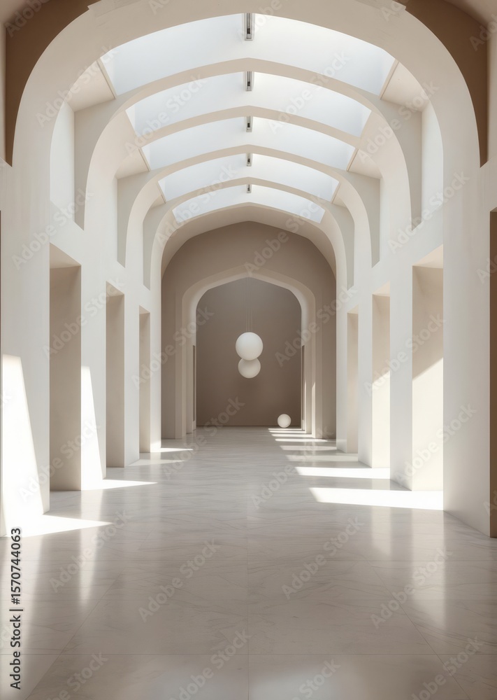 Fototapeta premium Long empty passage to room with fit balls Empty room interior design architecture blank design room striking structures clean lines geometric shapes dramatic angles play of light and shadow 