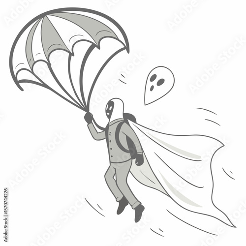 Ghostly parachutist with cape skydiving grey